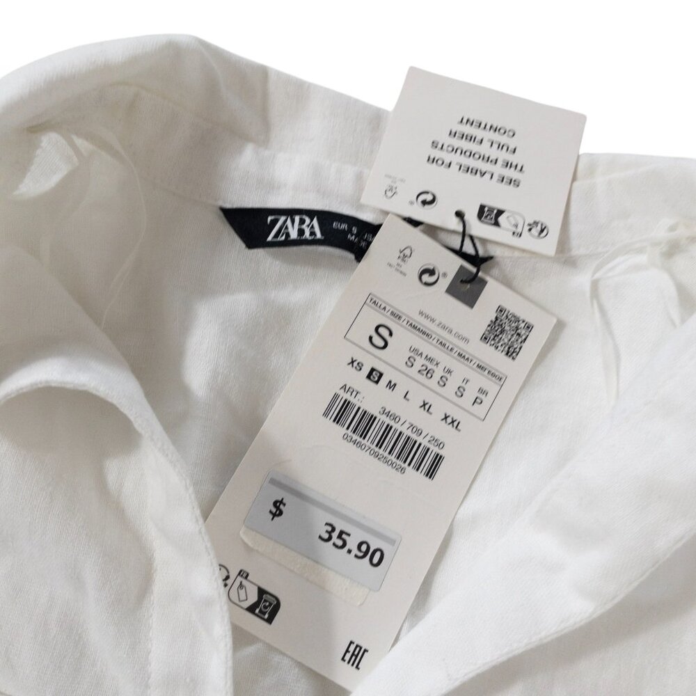 Zara White Button Down Short Sleeve Top SZ S Gold Buttons Front Pockets - Picture 9 of 11